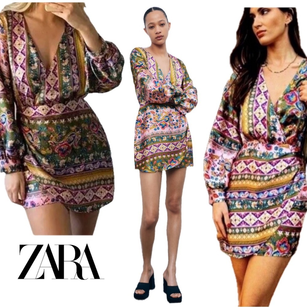 Zara multicoloured paisley print satin effect long sleeve faux wrap V-neck dress